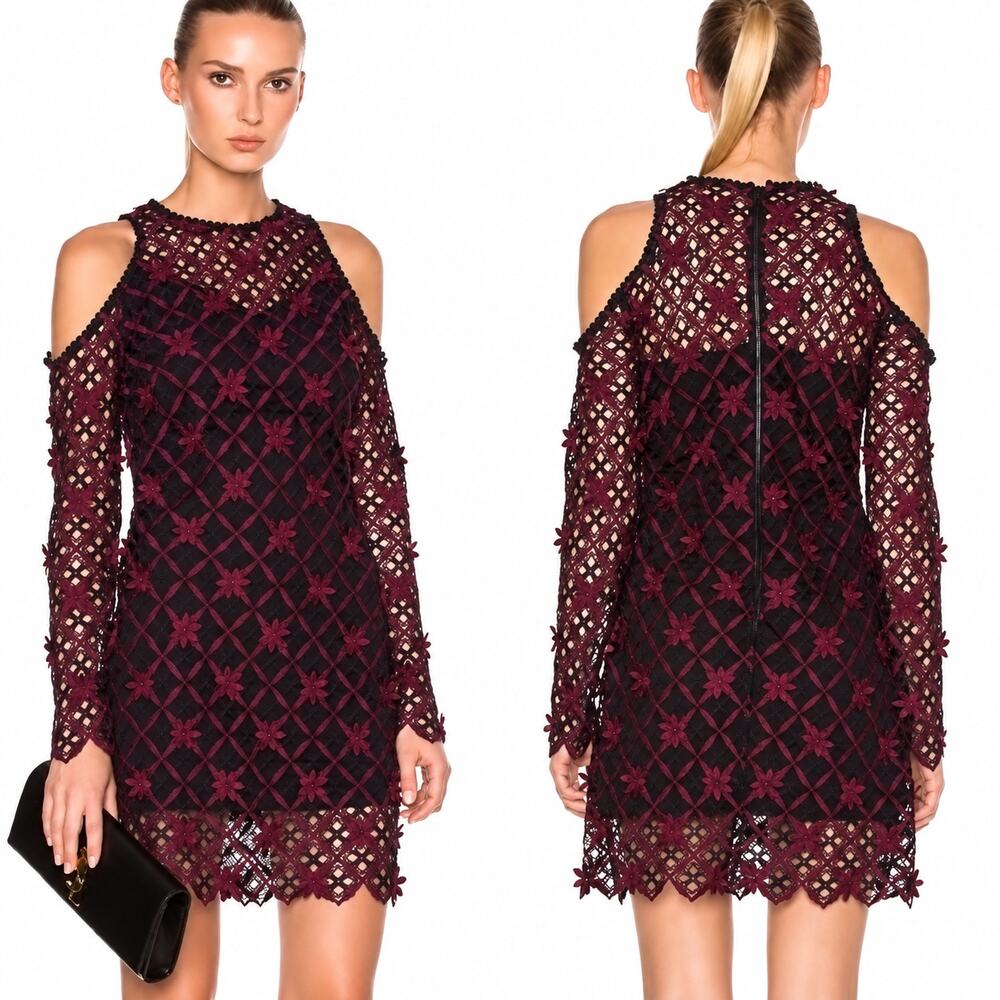 Self Portrait Lace Dress Womens 2 Bordeaux Guipure Cold Shoulder Floral Cocktail